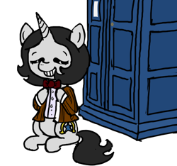 Size: 640x600 | Tagged: safe, artist:ficficponyfic, color edit, edit, imported from derpibooru, oc, oc only, oc:joyride, pony, unicorn, colt quest, bowtie, color, colored, crossover, cutie mark, doctor who, female, mare, monochrome, solo, tardis