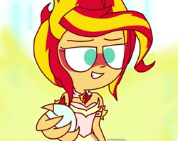 Size: 1223x968 | Tagged: safe, artist:psychodiamondstar, imported from derpibooru, sunset shimmer, equestria girls, friendship games, clothes, daydream shimmer, dress, female, glowing wings, reaching, reaching out, scene interpretation, smiling, solo, take my hand