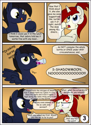 Size: 4000x5500 | Tagged: safe, artist:pananovich, imported from derpibooru, oc, oc only, oc:shadowmoon, oc:silver draw, pegasus, pony, unicorn, comic:the cutie and the beast, absurd resolution, comic, descriptive noise, dialogue, drinking, engrish, horse noises, meme, shadraw