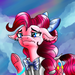 Size: 1600x1600 | Tagged: safe, artist:brainiac, imported from derpibooru, pinkie pie, pony, bow, bust, clothes, crying, cute, female, glow bracelets, hair bow, neck bow, piercing, sad, solo