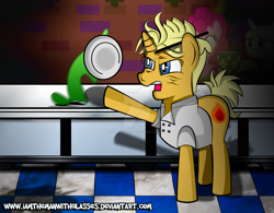 Size: 1600x1249 | Tagged: safe, artist:iamthemanwithglasses, imported from derpibooru, gourmand ramsay, pinkie pie, rarity, gordon ramsay, kitchen nightmares, ponified, watermark