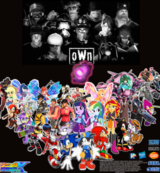 Size: 1800x1946 | Tagged: safe, artist:trungtranhaitrung, imported from derpibooru, applejack, rainbow dash, sunset shimmer, twilight sparkle, oc, oc:o.w.n medic, alicorn, pony, crossover, d.va, o.w.n, overwatch, scout, sonic chronicles x, sonic the hedgehog, sonic the hedgehog (series), spy, twilight sparkle (alicorn), whisker markings