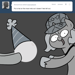 Size: 666x667 | Tagged: safe, artist:egophiliac, imported from derpibooru, princess luna, moonstuck, cartographer's cap, filly, grayscale, hat, lunar stone, monochrome, offscreen character, party hat, woona, woonoggles, younger