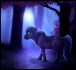 Size: 1024x950 | Tagged: safe, artist:flora-tea, imported from derpibooru, oc, oc only, oc:jaeger, oc:jaeger sylva, pony, clothes, forest, leaves, moonlight, night, realistic, scarf, solo