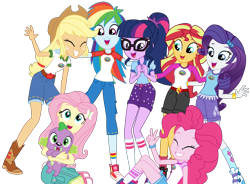 Size: 4584x3375 | Tagged: safe, artist:sketchmcreations, imported from derpibooru, applejack, fluttershy, pinkie pie, rainbow dash, rarity, sci-twi, spike, spike the regular dog, sunset shimmer, twilight sparkle, dog, human, equestria girls, legend of everfree, absurd resolution, clothes, converse, glasses, group photo, group shot, happy, humane five, humane seven, humane six, legend you were meant to be, legs, open mouth, peace sign, shoes, simple background, sleeveless, smiling, song, tanktop, transparent background, vector