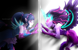 Size: 4056x2608 | Tagged: safe, artist:randyleighd, imported from derpibooru, sci-twi, twilight sparkle, equestria girls, legend of everfree, absurd resolution, clothes, crystal guardian, crystal wings, dr jekyll and mr hyde, duality, elf ears, glowing eyes, looking at each other, midnight sparkle