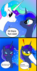 Size: 1487x2826 | Tagged: safe, artist:ag-poni, imported from derpibooru, princess celestia, princess luna, angry, banana, banana for scale, bananalestia, blushing, comic, cute, cutelestia, exclamation point, food, luna is not amused, lunabetes, royal sisters, sisterly love, size difference, surprised, teasing, wavy mouth