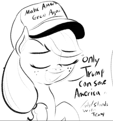 Size: 864x929 | Tagged: safe, artist:cosmonaut, imported from derpibooru, applejack, /mlp/, black and white, cap, donald trump, eyes closed, female, grayscale, hat, make america great again, monochrome, mouthpiece, open mouth, politics, politics in the comments, raised hoof, smiling, solo