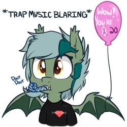 Size: 899x900 | Tagged: safe, artist:higgly-chan, imported from derpibooru, oc, oc only, oc:nisha, bat pony, pony, balloon, bust, ear fluff, fangs, happy birthday, noisemaker, simple background, solo, spread wings, white background