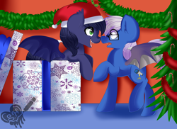 Size: 1024x745 | Tagged: safe, artist:datoogaler, imported from derpibooru, oc, oc only, oc:claren vesper, oc:halfmoon, bat pony, pony, candy, candy cane, christmas, christmas tree, claroon, cute, food, glasses, hat, present, santa hat, surprised, tree