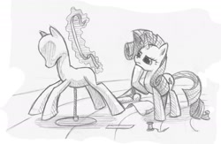 Size: 2018x1314 | Tagged: safe, artist:underpable, imported from derpibooru, rarity, pony, female, magic, mannequin, measuring tape, monochrome, solo