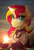 Size: 941x1373 | Tagged: safe, artist:redchetgreen, imported from derpibooru, sunset shimmer, pony, armor, beautiful, bi sunset, crepuscular rays, crossover, ear fluff, female, glowing horn, league of legends, leona, looking at you, magic, smiling, solo, sunset, sunset shimmer is bisexual