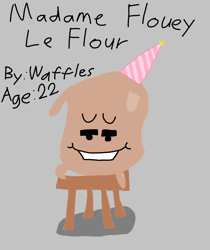 Size: 1460x1740 | Tagged: safe, artist:waffles, imported from derpibooru, madame leflour, crossover, flour sack, flowey, ms paint, pun, solo, stool, undertale