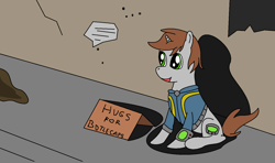 Size: 1374x814 | Tagged: safe, artist:amateur-draw, imported from derpibooru, oc, oc only, oc:littlepip, pony, unicorn, fallout equestria, 1000 hours in ms paint, board, clothes, dirt, fanfic, fanfic art, female, hooves, horn, jumpsuit, mare, ms paint, open mouth, pipbuck, smudge, solo, street, text, vault suit