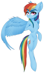 Size: 1280x1879 | Tagged: safe, artist:hayley1432, imported from derpibooru, rainbow dash, pony, bipedal, chest fluff, female, simple background, solo, spread wings, transparent background