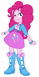 Size: 478x940 | Tagged: safe, artist:embercl, imported from derpibooru, pinkie pie, equestria girls, balloon, boots, bracelet, clothes, female, high heel boots, jewelry, one eye closed, simple background, skirt, solo, transparent background, wink