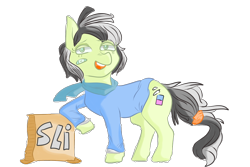 Size: 1200x800 | Tagged: safe, artist:jodi sli, deleted from derpibooru, imported from derpibooru, oc, oc only, oc:jodie scissy, earth pony, pony, 2017 community collab, derpibooru community collaboration, box, clothes, cutie mark, eraser, female, scarf, simple background, smiling, solo, transparent background