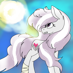 Size: 2000x2000 | Tagged: safe, artist:brokensilence, imported from derpibooru, oc, oc only, oc:angel heart, earth pony, pony, bandage, cute, long mane, old oc, solo, sun, upset