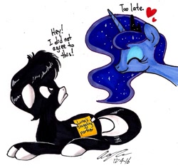 Size: 1120x1059 | Tagged: safe, artist:newyorkx3, imported from derpibooru, princess luna, oc, oc:tommy junior, cute, duo, eyes closed, floppy ears, frown, glare, grumpy, heart, lunabetes, simple background, smiling, tape, traditional art, white background