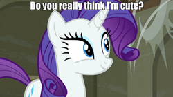 Size: 1366x768 | Tagged: safe, edit, imported from derpibooru, screencap, rarity, pony, unicorn, the saddle row review, bronybait, cute, female, mare, raribetes, smiling, solo, spider web, text