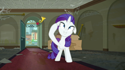 Size: 1366x768 | Tagged: safe, imported from derpibooru, screencap, rarity, pony, unicorn, the saddle row review, dirty, dust, female, floppy ears, grin, insanity, manehattan, mare, rarity for you, saddle row, smiling, solo, spider web, wide eyes