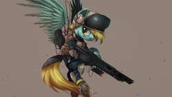 Size: 2000x1125 | Tagged: safe, artist:ncmares, imported from derpibooru, lightning dust, pony, alien (franchise), body armor, bruised, clothes, crossover, female, flying, gun, solo, weapon