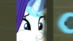 Size: 1366x768 | Tagged: safe, imported from derpibooru, screencap, rarity, pony, unicorn, the saddle row review, cute, female, glowing horn, happy, magic, mare, peekaboo, peeking, raribetes, smiling, solo, telekinesis