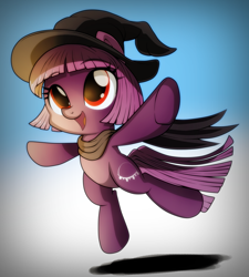 Size: 1292x1436 | Tagged: safe, artist:ruhisu, imported from derpibooru, oc, oc only, oc:foresight, earth pony, pony, clothes, commission, costume, cute, cutie mark, female, filly, happy, hat, jumping, scarf, smiling, solo, witch, witch hat