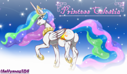 Size: 2204x1292 | Tagged: safe, artist:thehyenassbe, imported from derpibooru, princess celestia, pony, butt, female, flowing mane, looking at you, muscles, plot, praise the sun, princess musclestia, raised hoof, raised leg, signature, smiling, smirk, snow, snowfall, solo, stupid sexy celestia, sunbutt, underhoof