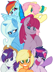 Size: 756x1020 | Tagged: safe, artist:bezziie, artist:emeraldjeweltm, artist:jirousan, imported from derpibooru, applejack, fluttershy, pinkie pie, rainbow dash, rarity, trixie, twilight sparkle, pony, unicorn, alternate mane seven, alternate universe, base used, female, mane six, mare, pinkamena diane pie