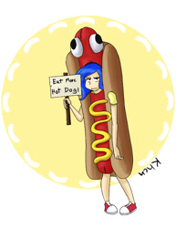 Size: 612x792 | Tagged: safe, artist:kprovido, imported from derpibooru, princess luna, human, clothes, converse, costume, female, food, hot dog, humanized, luna is not amused, meat, sausage, shoes, sign, solo, unamused