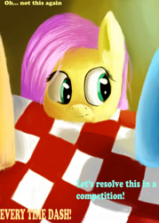 Size: 1700x2378 | Tagged: safe, artist:xskytheartist, imported from derpibooru, fluttershy, pony, competition, implied applejack, implied rainbow dash, looking away, offscreen character, solo focus