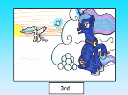 Size: 3375x2500 | Tagged: safe, artist:bbqninja501st, imported from derpibooru, princess celestia, princess luna, pony, advent calendar, grin, magic, smiling, snow, snowball, snowball fight, telekinesis, this will end in fun