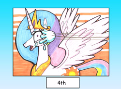 Size: 2813x2083 | Tagged: safe, artist:bbqninja501st, imported from derpibooru, princess celestia, pony, advent calendar, female, snow, snowball, snowball fight, solo, spread wings, this will end in fun, wide eyes
