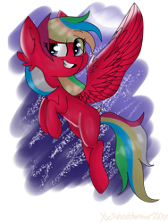 Size: 2400x3200 | Tagged: safe, artist:xxsunsetshimmer23xx, imported from derpibooru, oc, oc only, oc:osumare, pegasus, pony, flying, grin, smiling, solo