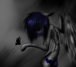 Size: 1600x1400 | Tagged: safe, artist:lucitfandmlp, imported from derpibooru, oc, oc:lu flow, butterfly, beelzebub, ponified, sad