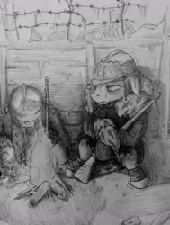 Size: 1579x2086 | Tagged: safe, artist:coolumbus, imported from derpibooru, pony, barbed wire, clothes, coat, corpse, dead, depressed, fireplace, floppy ears, freezing, french, gun, helmet, monochrome, mortar, pickelhaube, rifle, sitting, speedpaint, traditional art, trench, trench warfare, weapon, winter, world war i