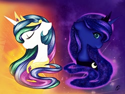 Size: 1024x768 | Tagged: safe, artist:galaxyscreamer, imported from derpibooru, princess celestia, princess luna, bust, crepuscular rays, eyes closed, portrait, profile, royal sisters, stars