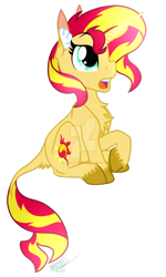 Size: 1024x1707 | Tagged: safe, artist:kimmaieythefox, imported from derpibooru, sunset shimmer, classical unicorn, pony, chest fluff, ear fluff, female, leonine tail, raised hoof, simple background, sitting, solo, transparent background, unshorn fetlocks, watermark