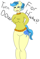 Size: 4120x6050 | Tagged: safe, artist:silver cobalt, imported from derpibooru, oc, oc only, oc:nightfall, anthro, absurd resolution, anthro oc, blue hair, bottomless, breasts, clothes, cutie mark, eyeshadow, female, hands behind back, king of the hill, makeup, mare, partial nudity, question, solo, standing, sweater, talking, text, turn down for what, tvpaint