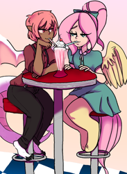 Size: 784x1070 | Tagged: safe, artist:bahrambupkis, imported from derpibooru, oc, oc only, oc:ivy, oc:simmer, human, satyr, clothes, diner, humanized, milkshake, offspring, parent:fizzle, parent:fluttershy, sharing a drink, shipping, straw