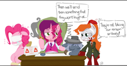 Size: 1665x867 | Tagged: safe, imported from derpibooru, pinkie pie, oc, oc:marker pony, oc:sleepyhead, food pony, original species, blindfold, bondage, cloth gag, crying, food, gag, mafia, parody, tabasco pony