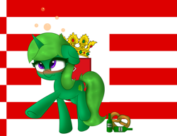 Size: 2165x1675 | Tagged: safe, artist:limedreaming, imported from derpibooru, oc, oc only, oc:lime dream, pony, unicorn, blushing, bremen, drunk, female, flag, food, germany, mare, pretzel, solo