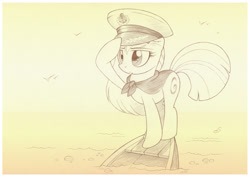 Size: 1073x758 | Tagged: safe, artist:sherwoodwhisper, imported from derpibooru, oc, oc only, oc:eri, pony, unicorn, boat, hat, monochrome, ocean, salute, sinking, sketch, solo