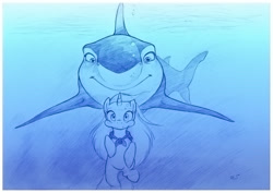 Size: 1073x758 | Tagged: safe, artist:sherwoodwhisper, imported from derpibooru, oc, oc:eri, great white shark, pony, shark, unicorn, crossover, holding breath, lenny, leonard lino, ocean, shark tale, sketch, swimming, underwater