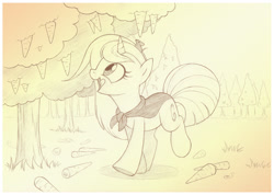 Size: 1066x758 | Tagged: safe, artist:sherwoodwhisper, imported from derpibooru, oc, oc only, oc:eri, mouse, pony, unicorn, carrot, cute, female, food, monochrome, sketch, solo, traditional art, tree