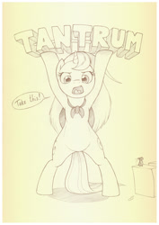 Size: 758x1073 | Tagged: safe, artist:sherwoodwhisper, imported from derpibooru, oc, oc only, oc:eri, mouse, pony, unicorn, bipedal, female, literal, monochrome, pun, reaction image, sketch, solo, take this, tantrum, throwing, traditional art, visual pun