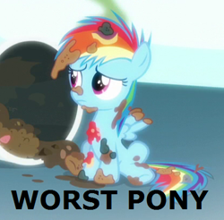 Size: 416x410 | Tagged: safe, edit, edited screencap, imported from derpibooru, screencap, rainbow dash, pegasus, pony, newbie dash, background pony strikes again, blatant lies, cropped, dirty, downvote bait, female, frown, into the trash it goes, op is a duck, op is trying to start shit, rainbow trash, sad, sitting, solo, spread wings, trash, trash can, worst pony