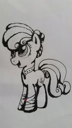 Size: 1717x3052 | Tagged: safe, artist:binkyt11, derpibooru exclusive, imported from derpibooru, oc, oc only, earth pony, pony, bracelet, female, gel pen, jewelry, mare, monochrome, necklace, open mouth, pencil, smiling, solo, traditional art, watermark