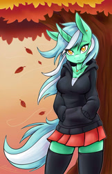 Size: 825x1275 | Tagged: safe, artist:ambris, edit, imported from derpibooru, lyra heartstrings, anthro, unicorn, autumn, breasts, busty lyra heartstrings, clothes, colored pupils, cute, dig the swell hoodie, female, hoodie, jewelry, lyrabetes, necklace, skirt, socks, solo, stockings, thigh highs, tree, zettai ryouiki